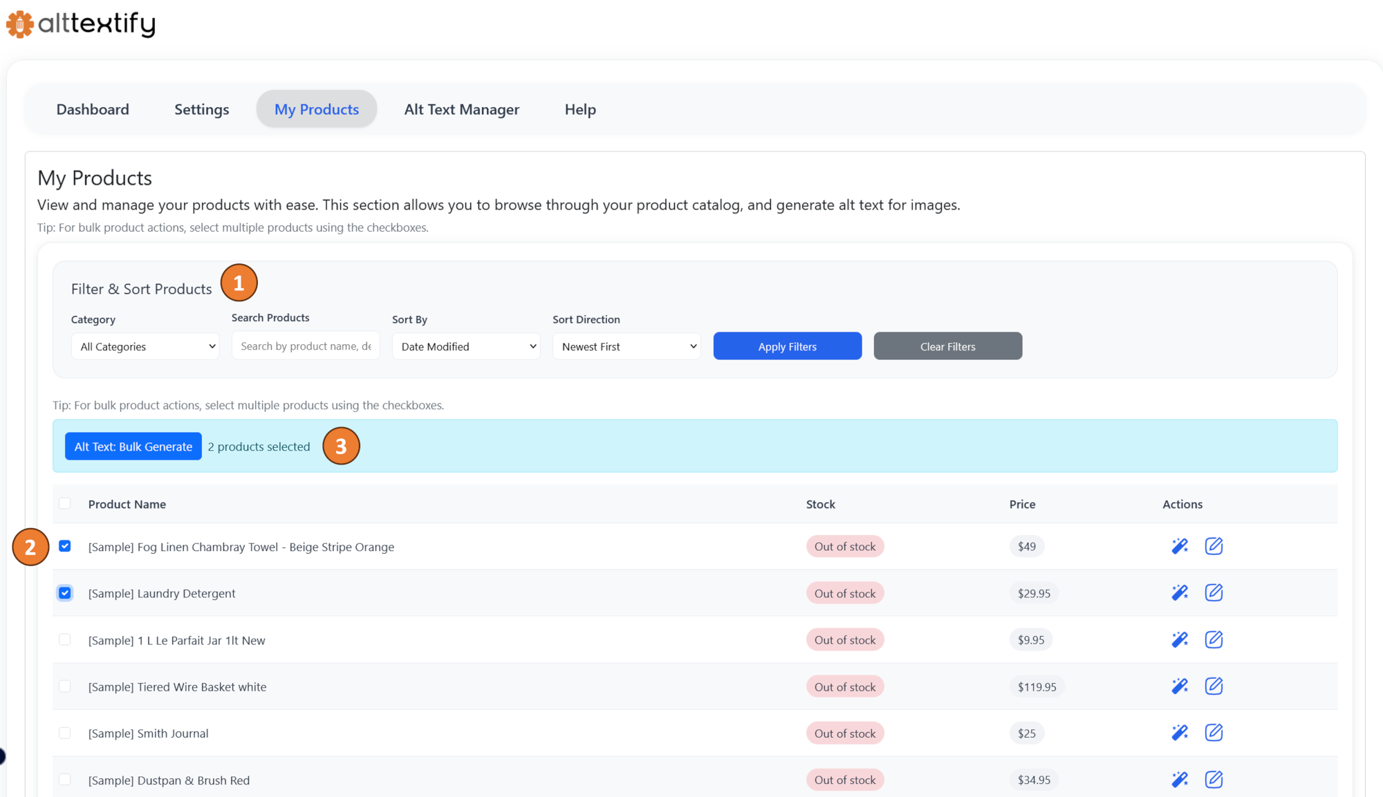 BigCommerce AltTextify App bulk alt text generation interface