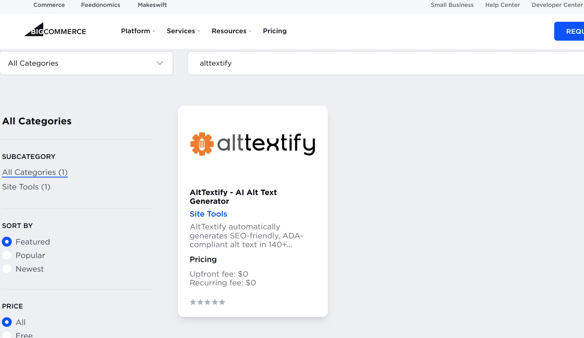 BigCommerce AltTextify App installation page showing app installation process