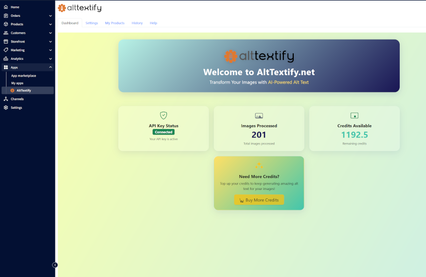 Screenshot of AltTextify's AI-powered alt text generator interface integrated with a BigCommerce product page, showcasing automatic image tagging, language selection, and SEO accessibility features.