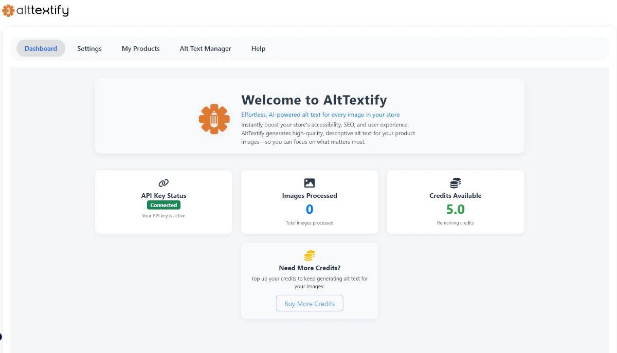 BigCommerce AltTextify App dashboard showing account status and usage statistics