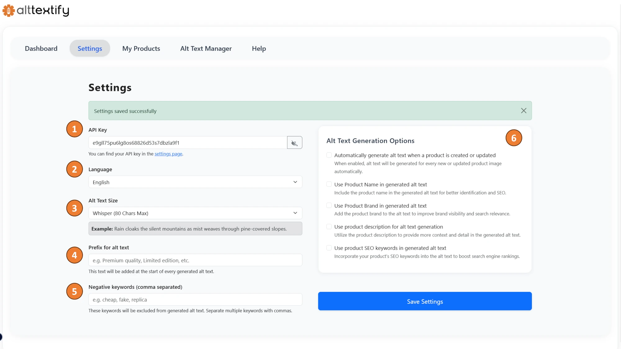 BigCommerce AltTextify App settings page with API configuration options