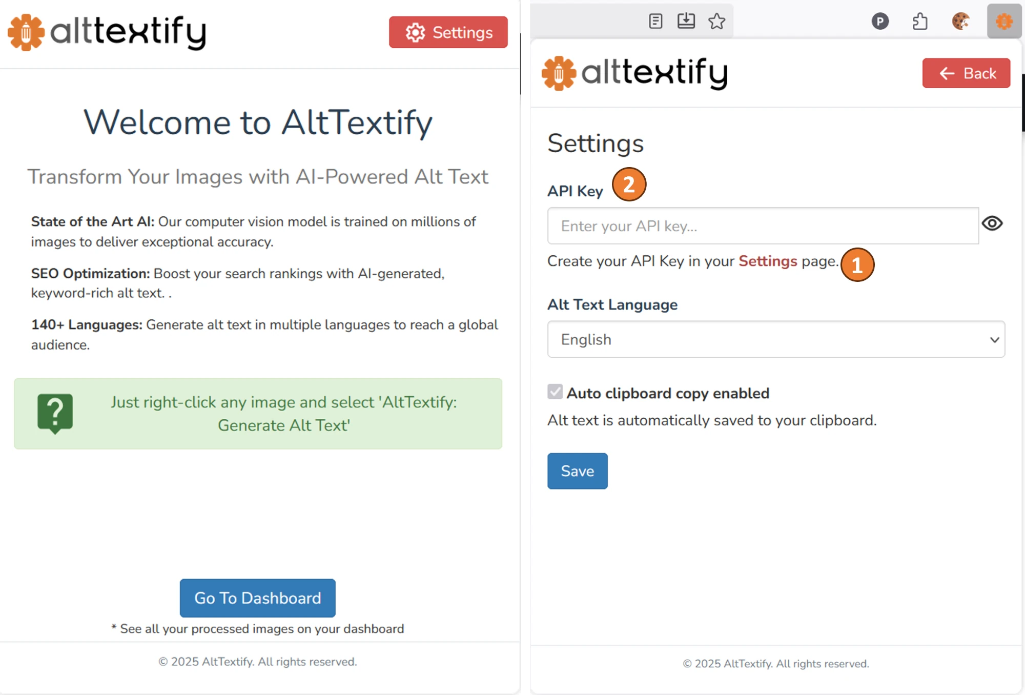 AltTextify browser extension settings page for API configuration