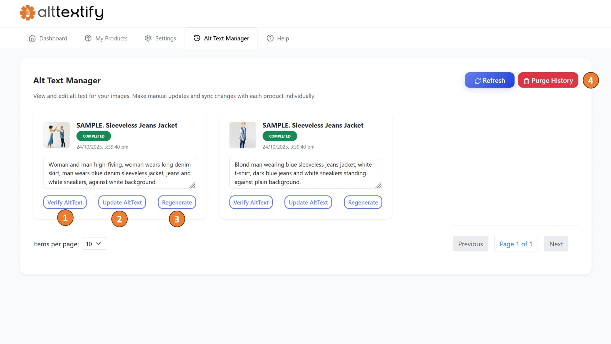 Ecwid AltTextify app alt text manager showing generated alt texts