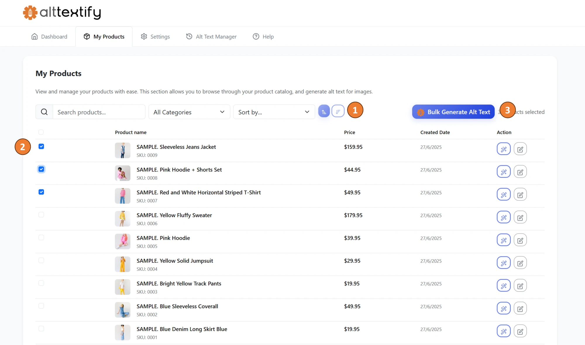 Ecwid AltTextify app bulk alt text generation interface