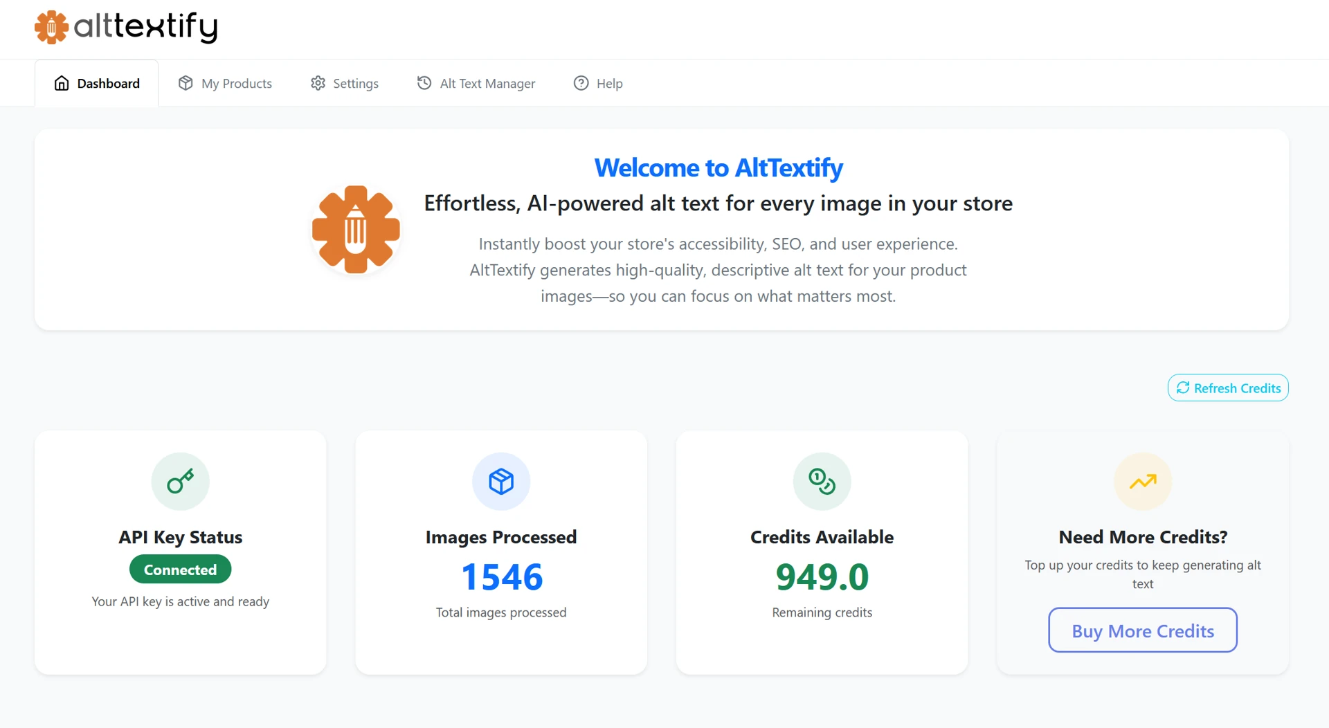 Ecwid AltTextify App - Dashboard page