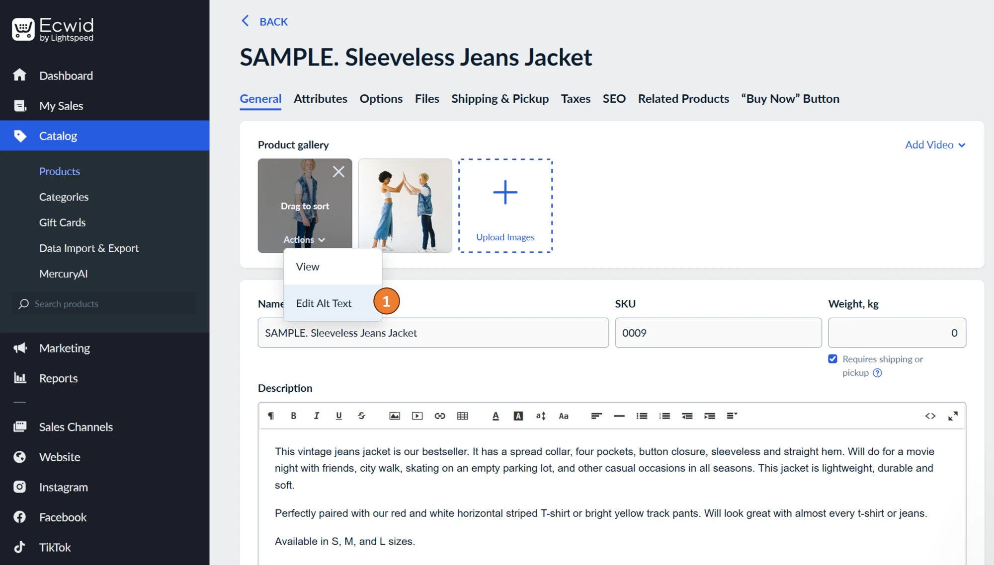 Ecwid AltTextify app verification page showing generated alt text results