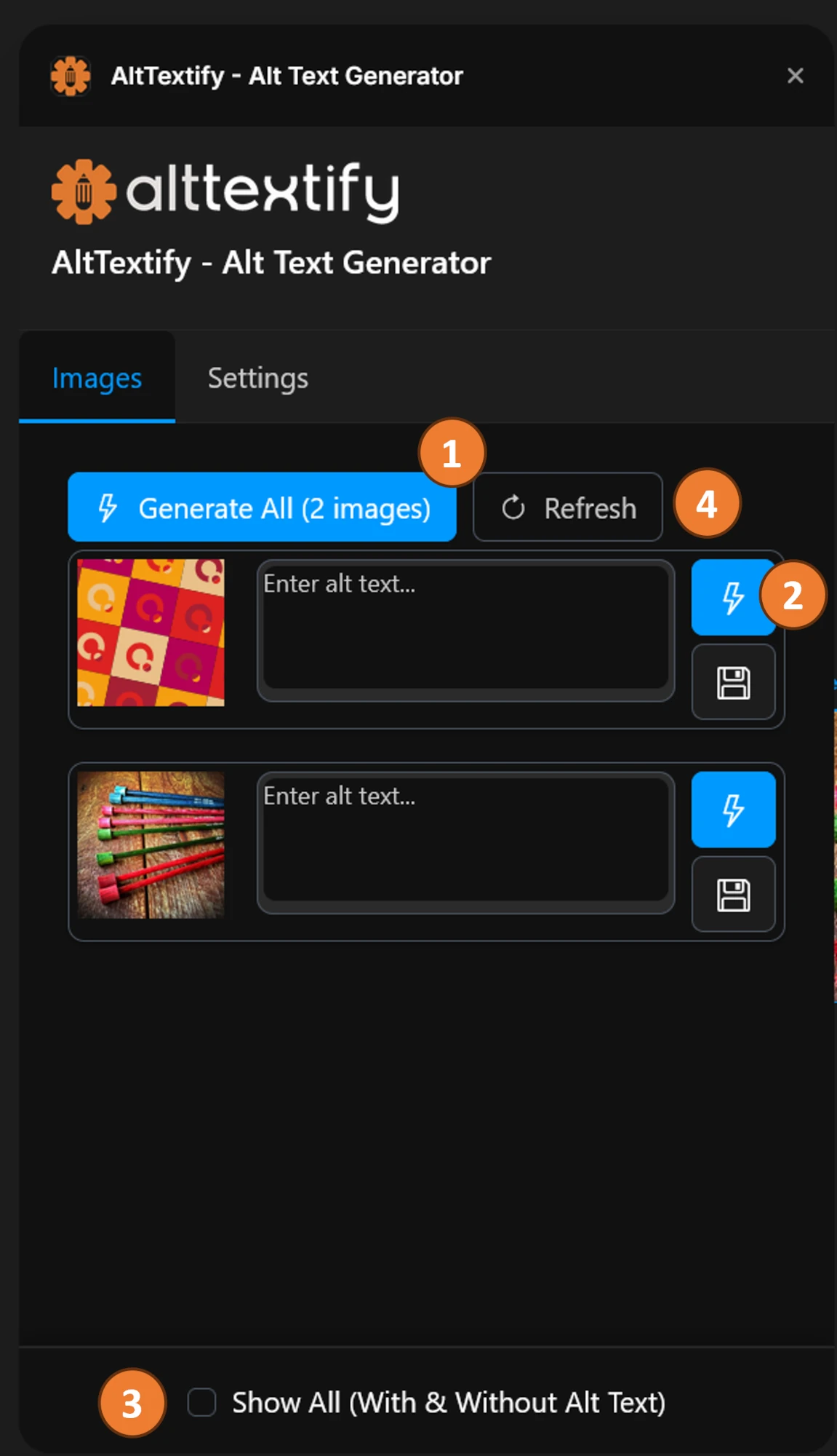 Framer AltTextify app alt text generation interface