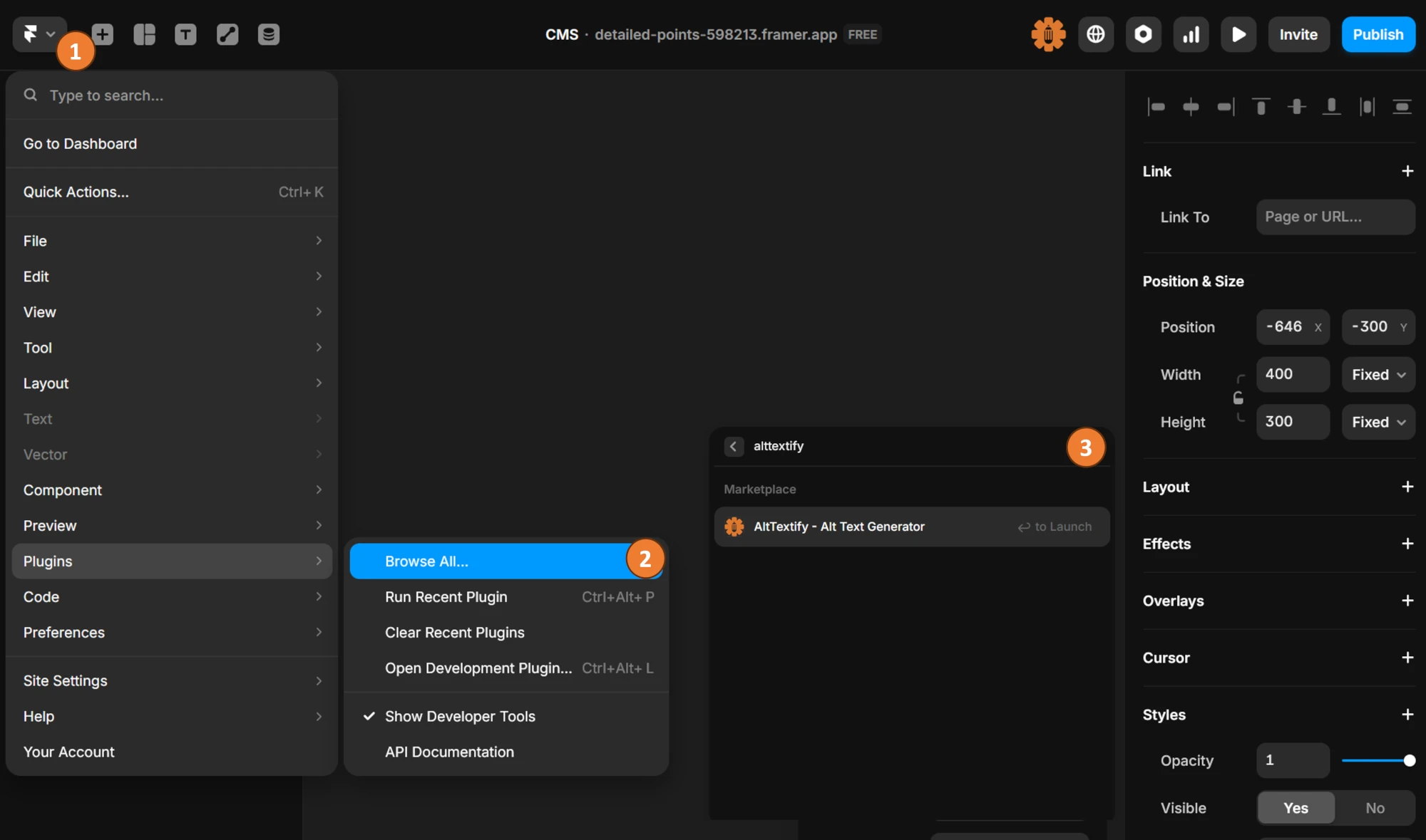 Framer AltTextify app installation page in Framer