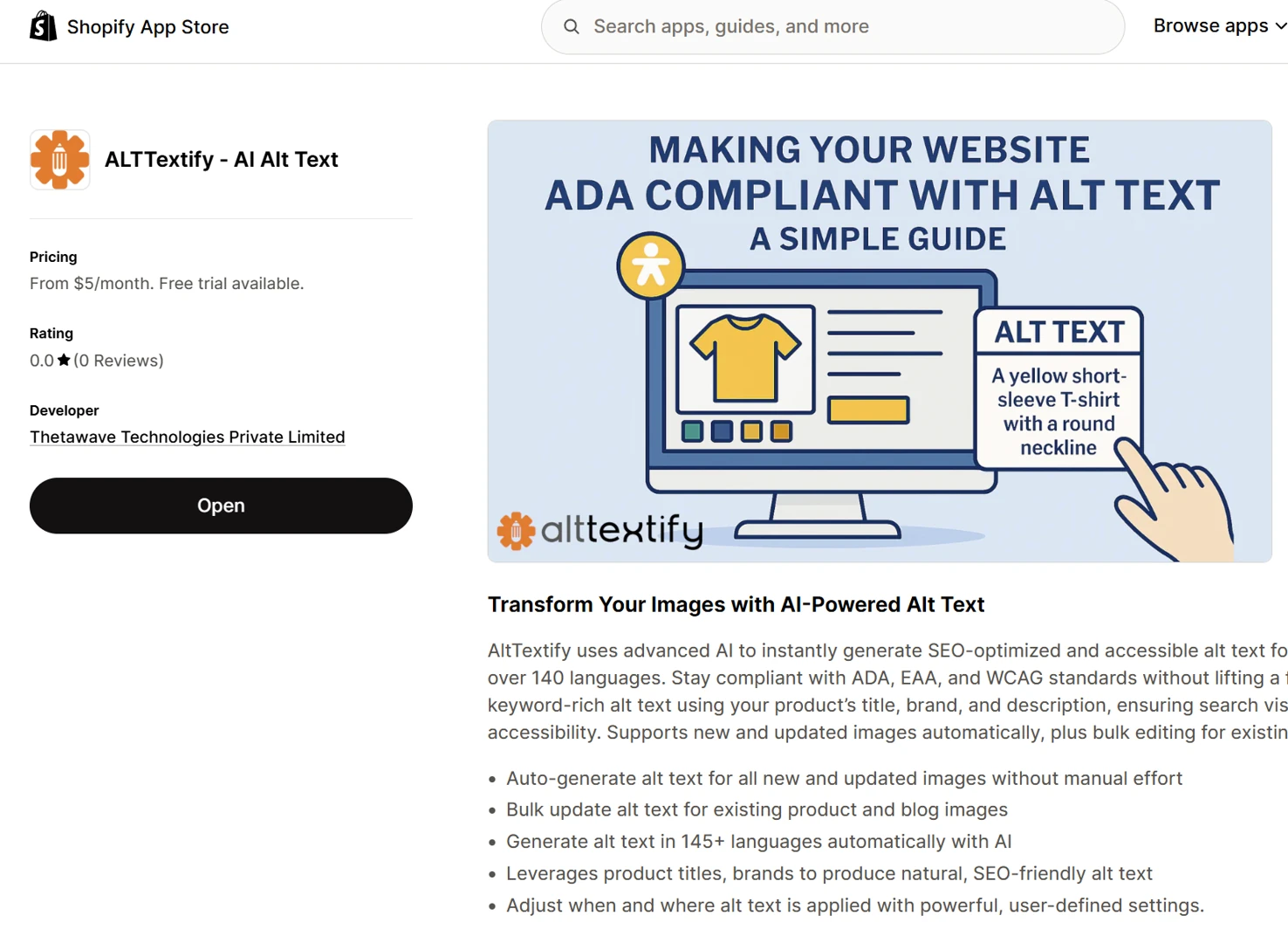 Shopify AltTextify app installation page in Shopify admin