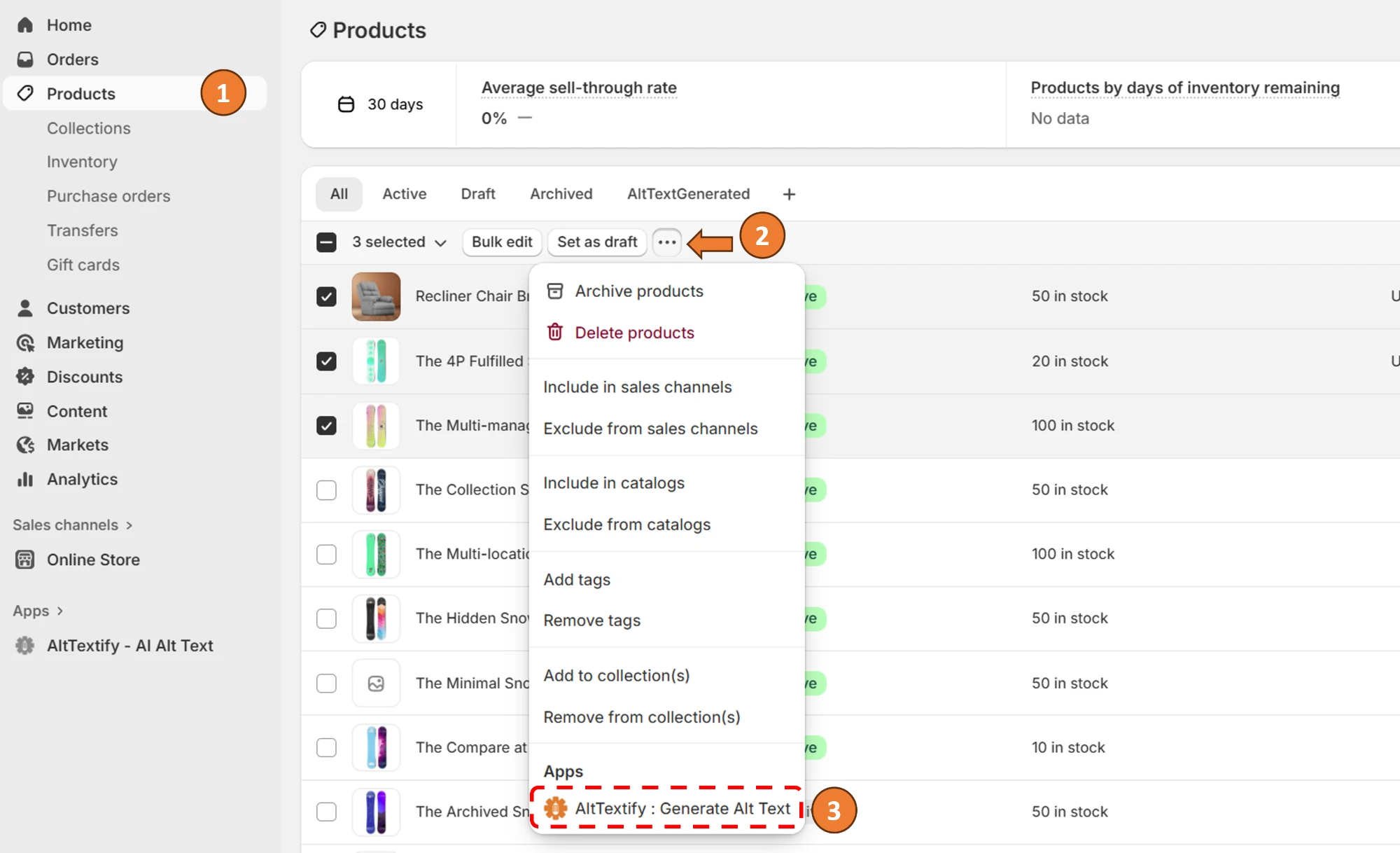 Shopify AltTextify app multiple products bulk alt text generation interface