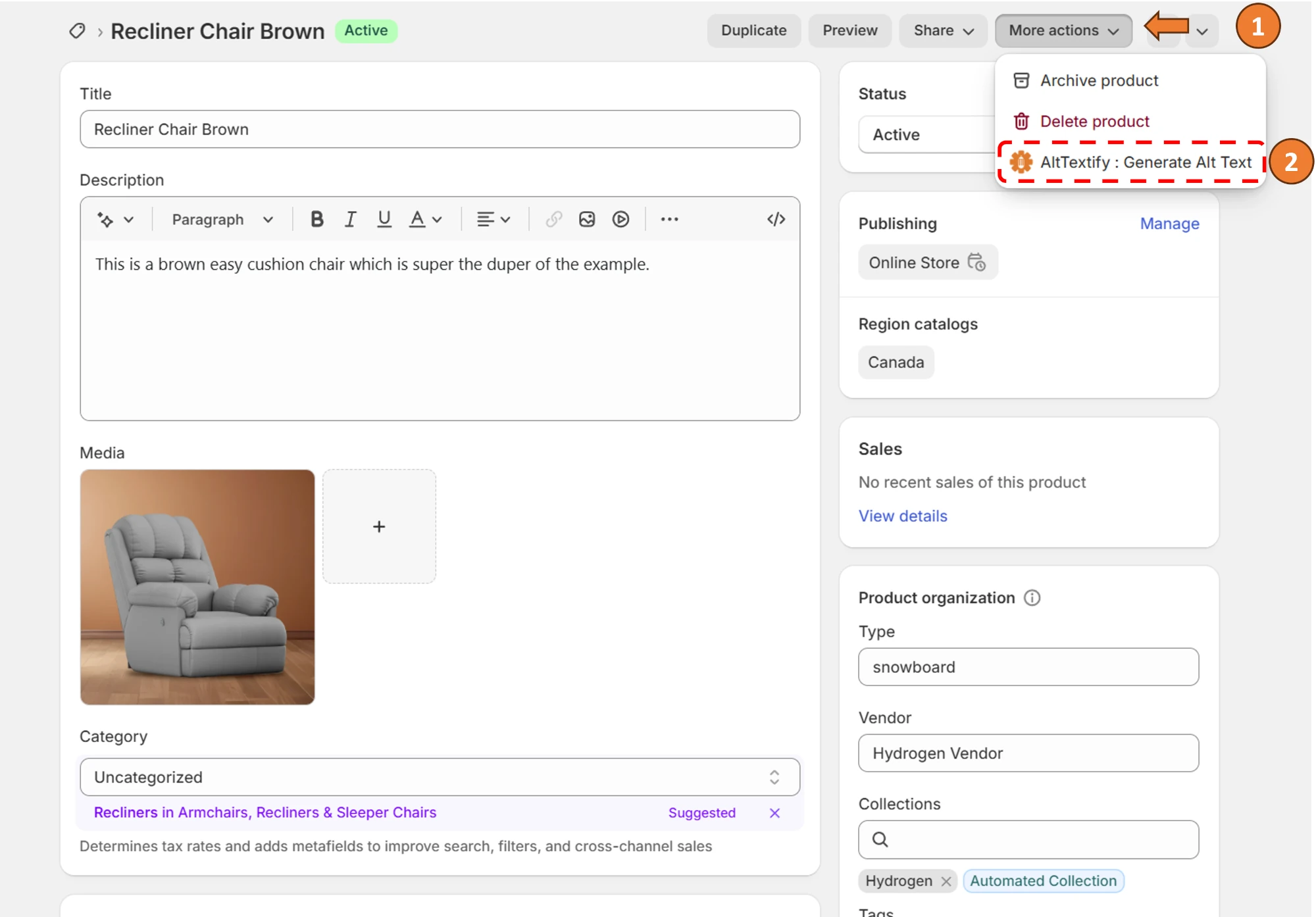 Shopify AltTextify app single product alt text generation interface