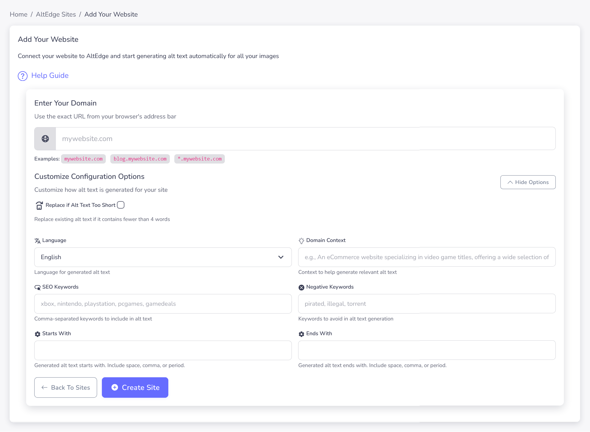 AltTextify AltEdge create new site interface