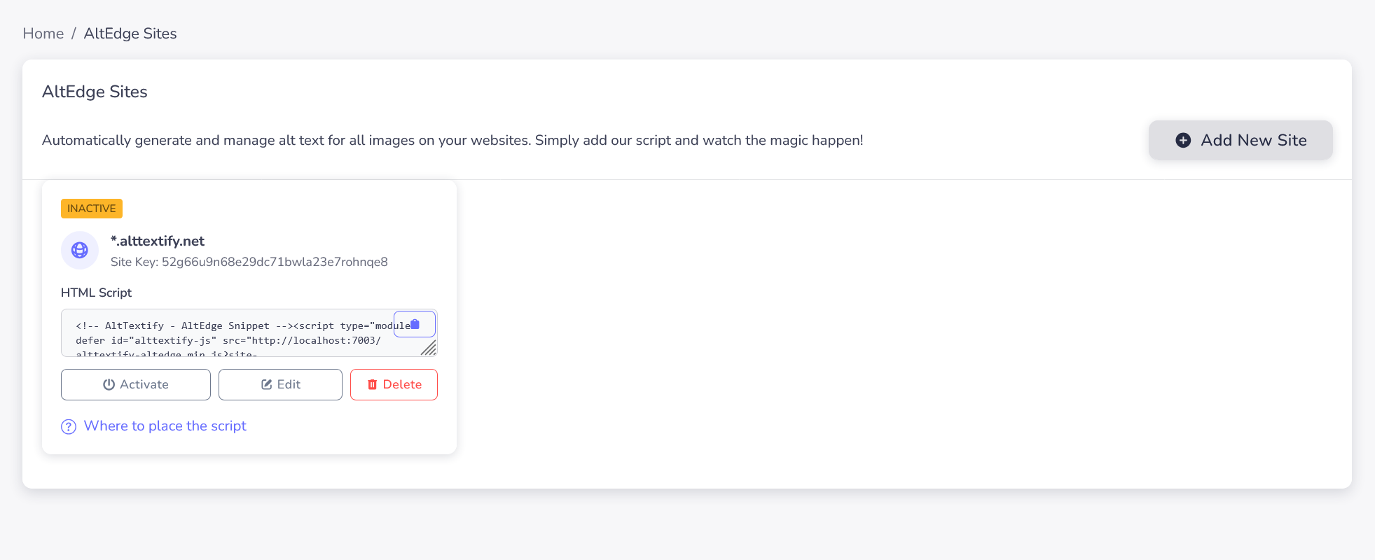 AltTextify AltEdge website list showing connected sites