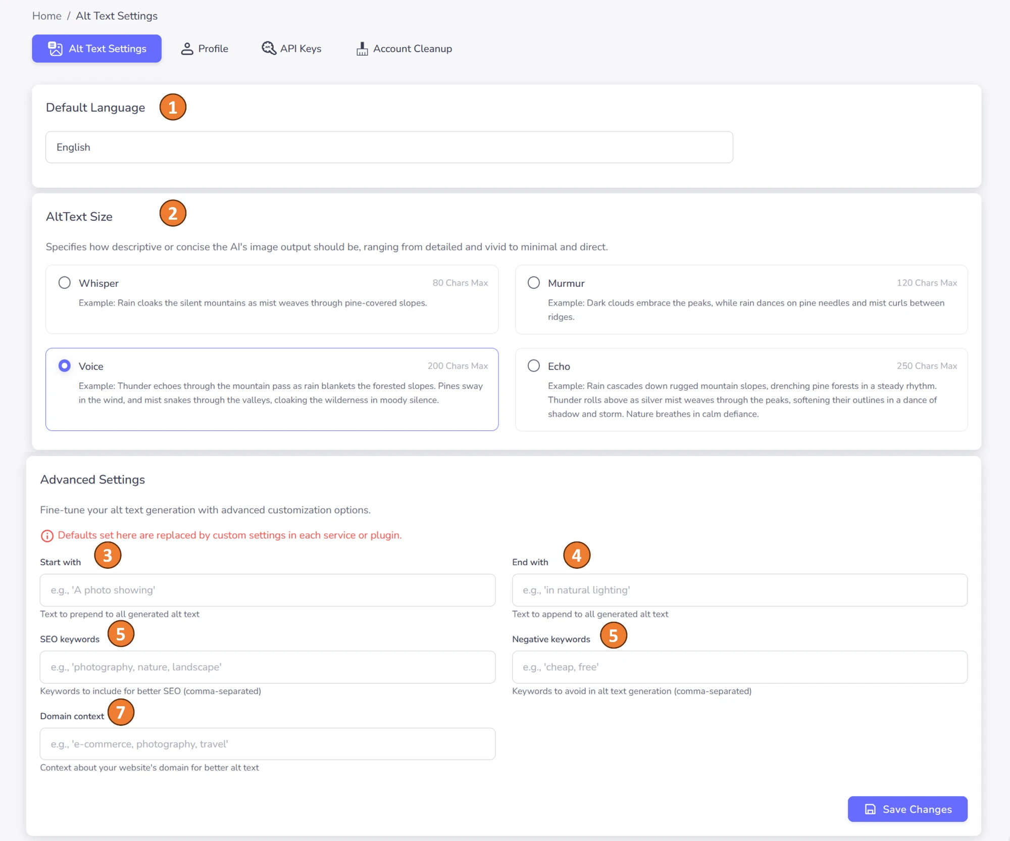 AltTextify web dashboard settings page showing API key, language, and alt text configuration options