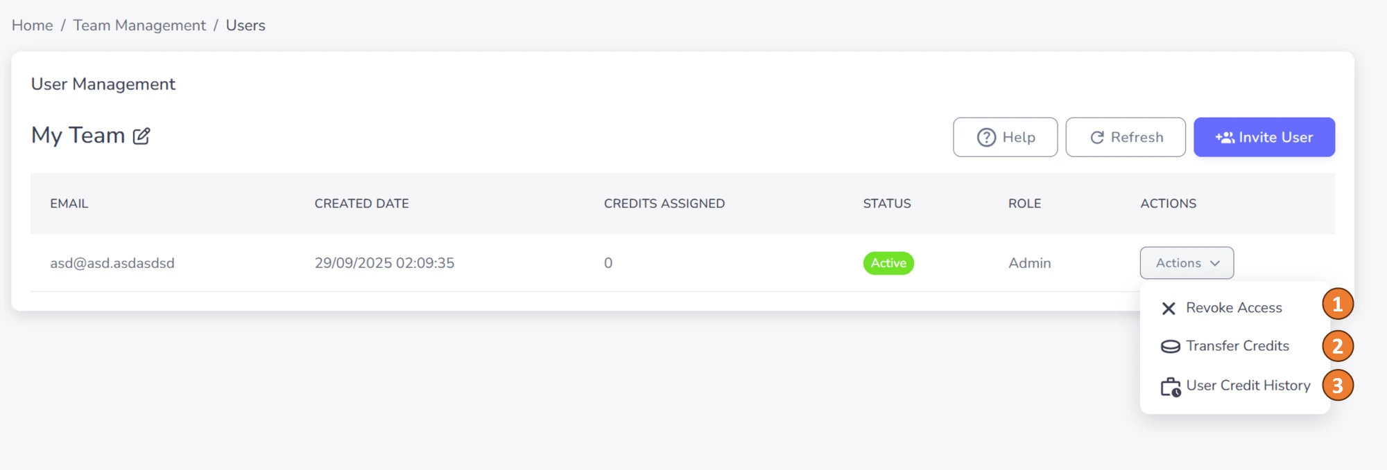 AltTextify web dashboard team management interface showing team member actions and credit transfers