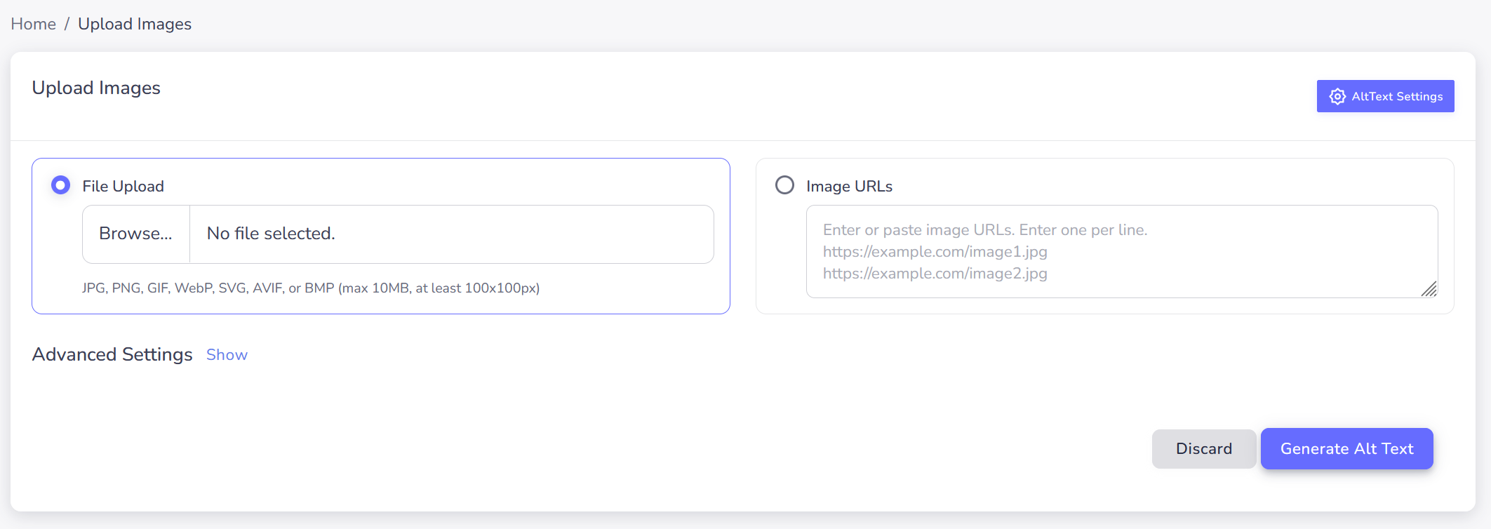 AltTextify web dashboard image upload interface for single image processing