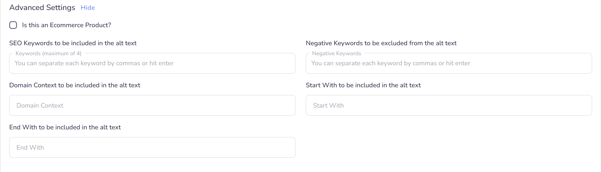 AltTextify web dashboard advanced properties settings for alt text generation