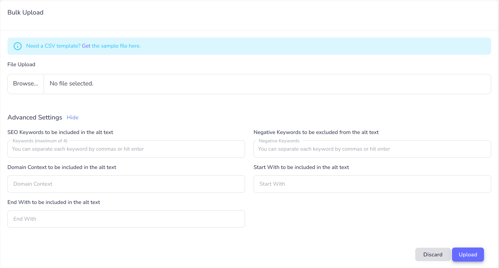 AltTextify web dashboard bulk processing interface for CSV upload