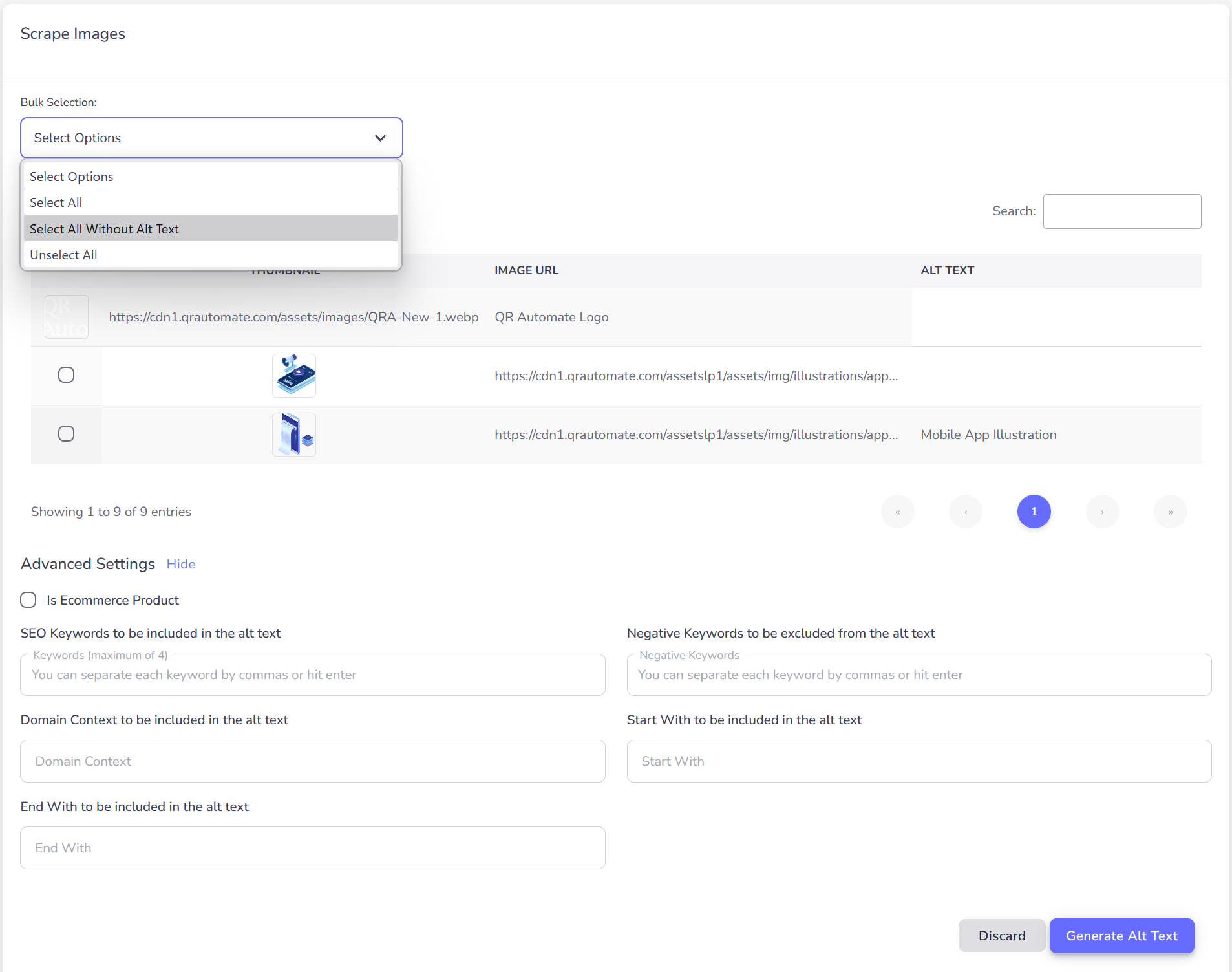 AltTextify web dashboard web scraping interface showing selected images from webpage