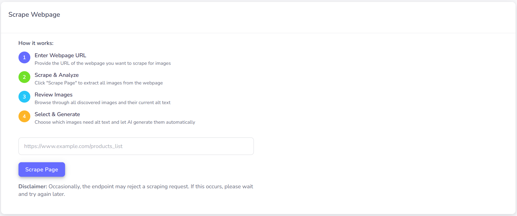 AltTextify web dashboard web scraping interface for URL selection