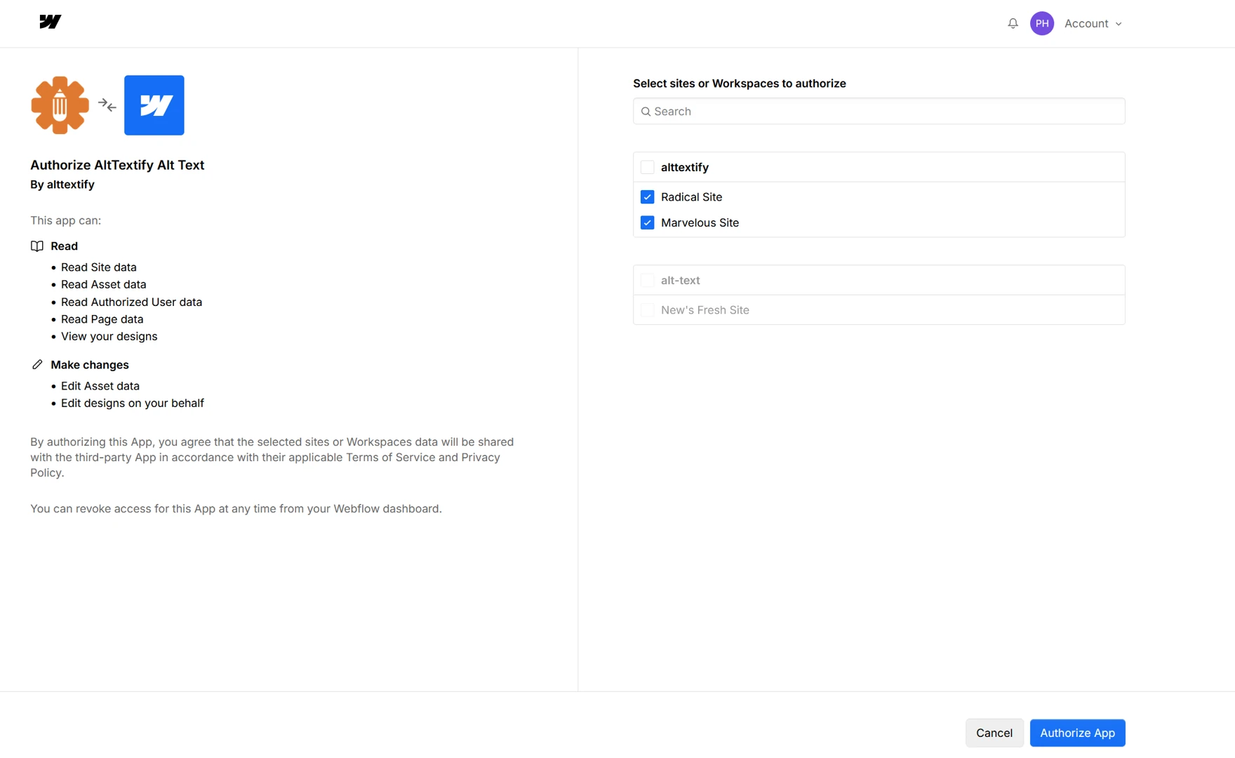 Webflow AltTextify app authorization page for connecting to Webflow