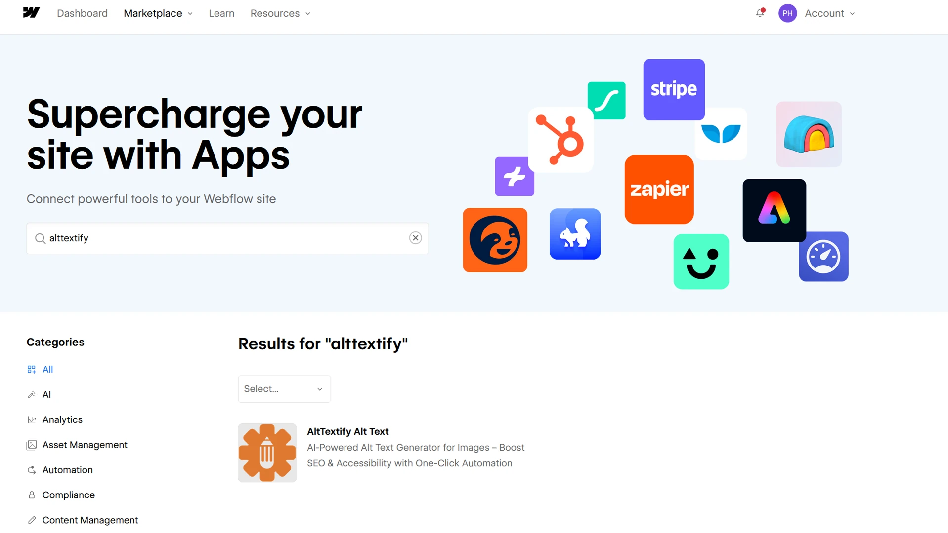 Webflow AltTextify app installation page in Webflow