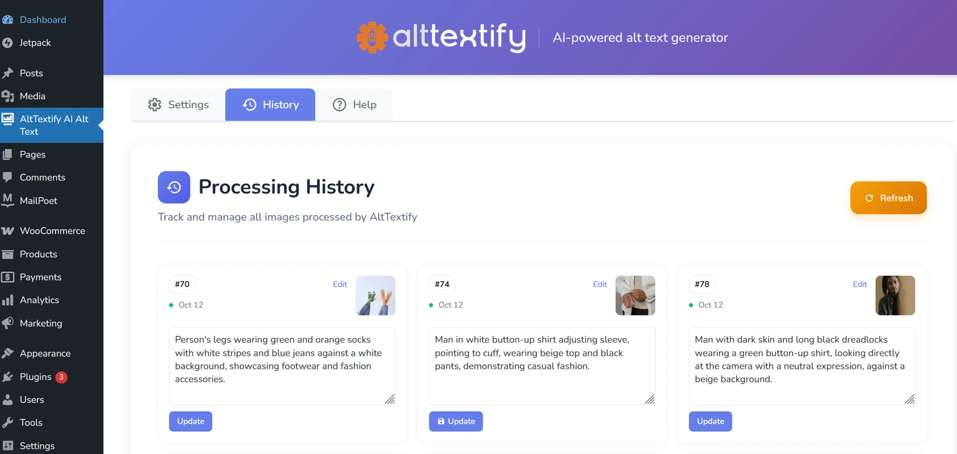 WordPress AltTextify plugin history page showing processed images and alt text results