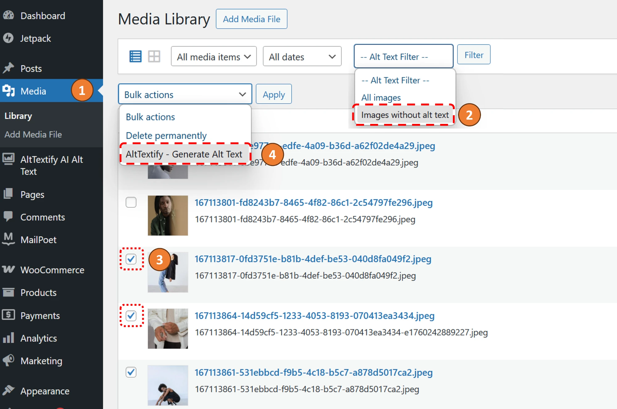 WordPress AltTextify plugin media library bulk alt text generation interface
