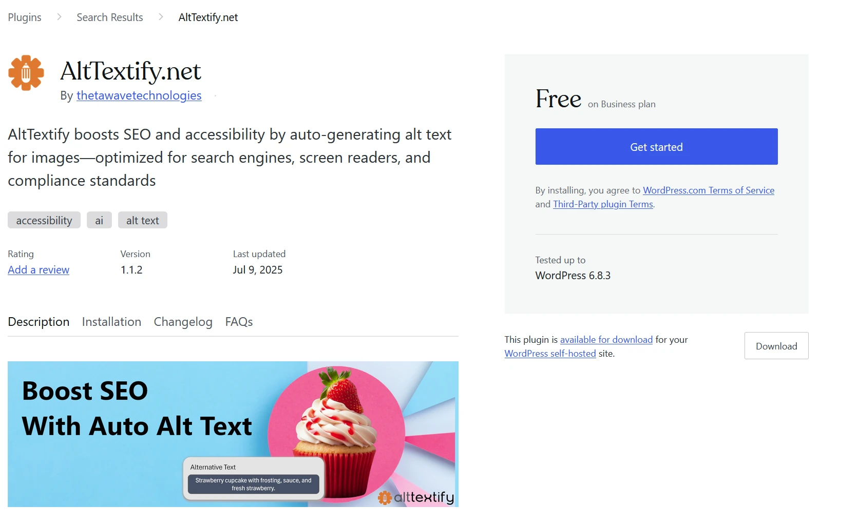 WordPress AltTextify plugin installation page in WordPress admin
