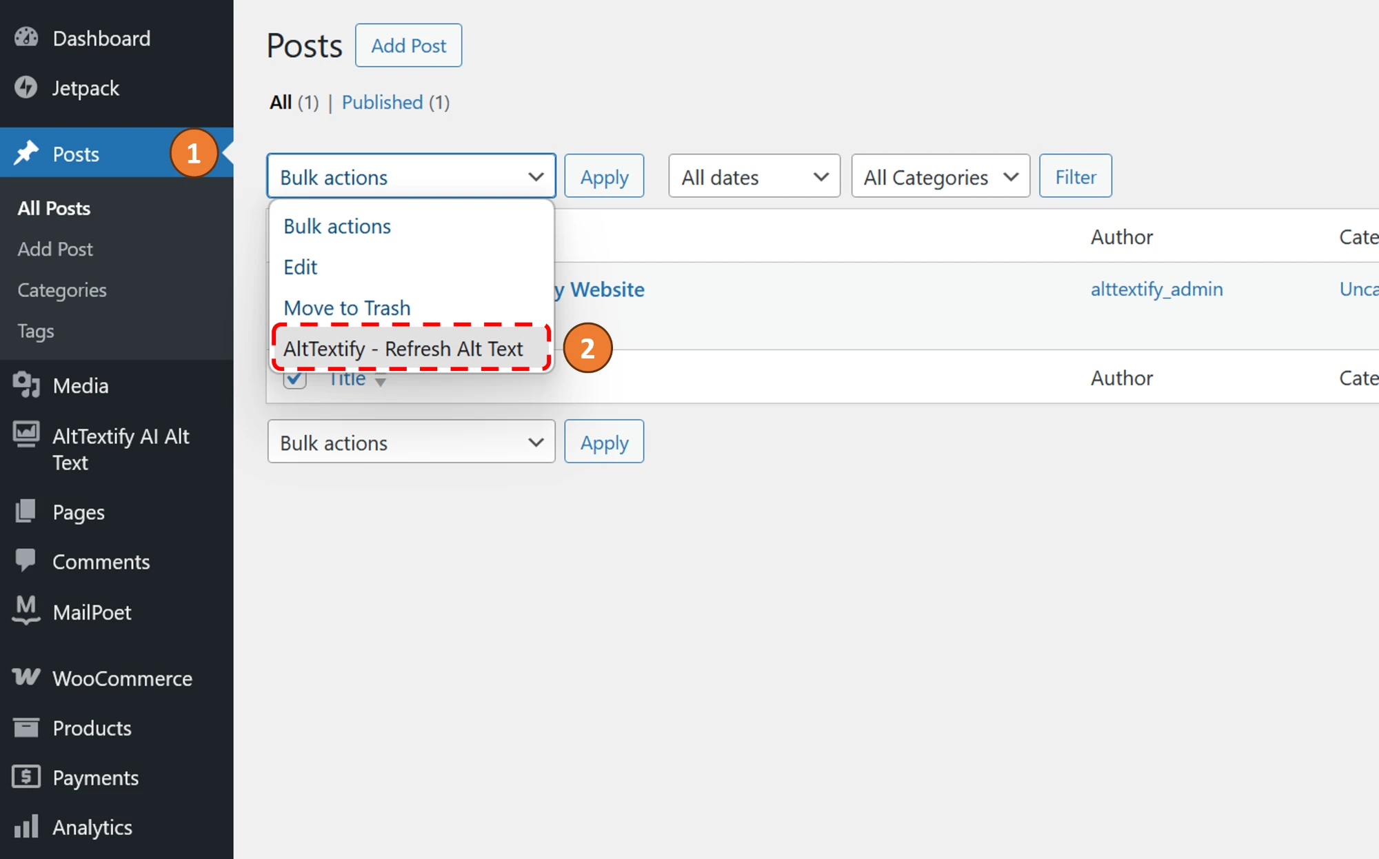 WordPress AltTextify plugin multiple posts alt text refresh interface