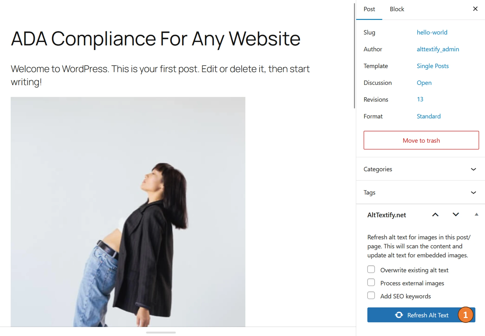 WordPress AltTextify plugin single post alt text refresh interface