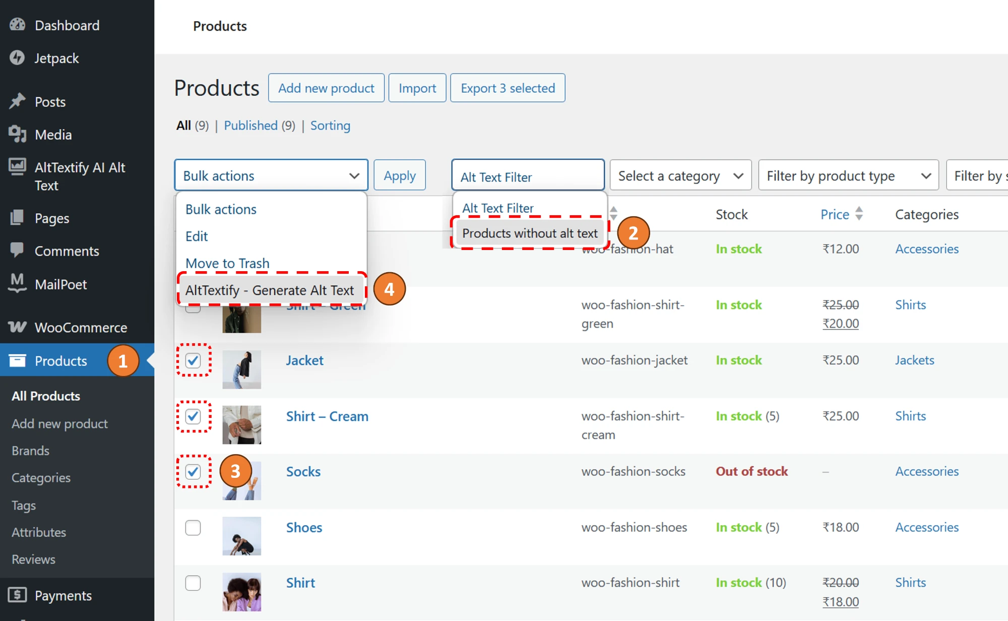 WordPress AltTextify plugin WooCommerce product bulk alt text generation interface