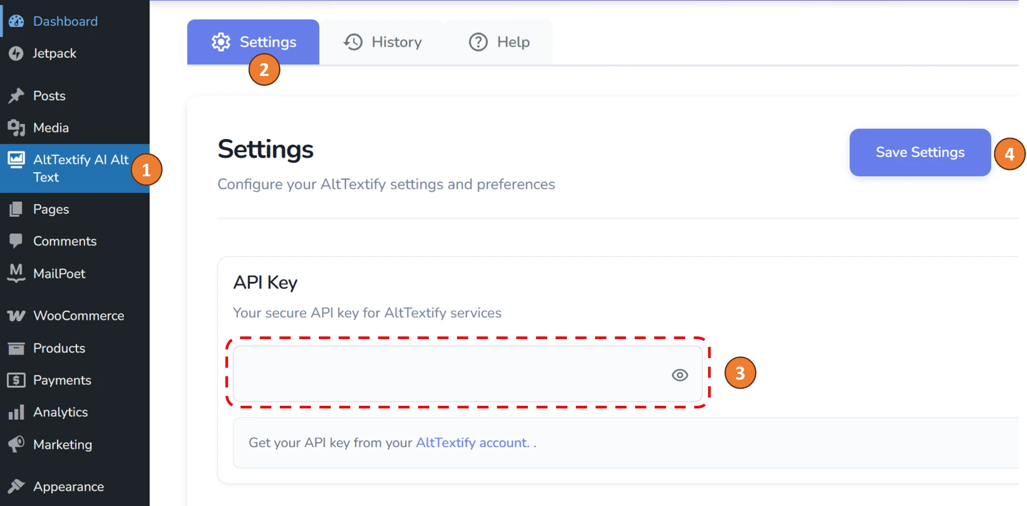 WordPress AltTextify plugin settings page with API key configuration