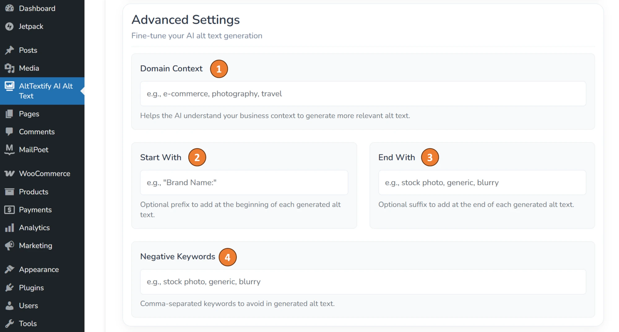 WordPress AltTextify plugin advanced settings configuration page