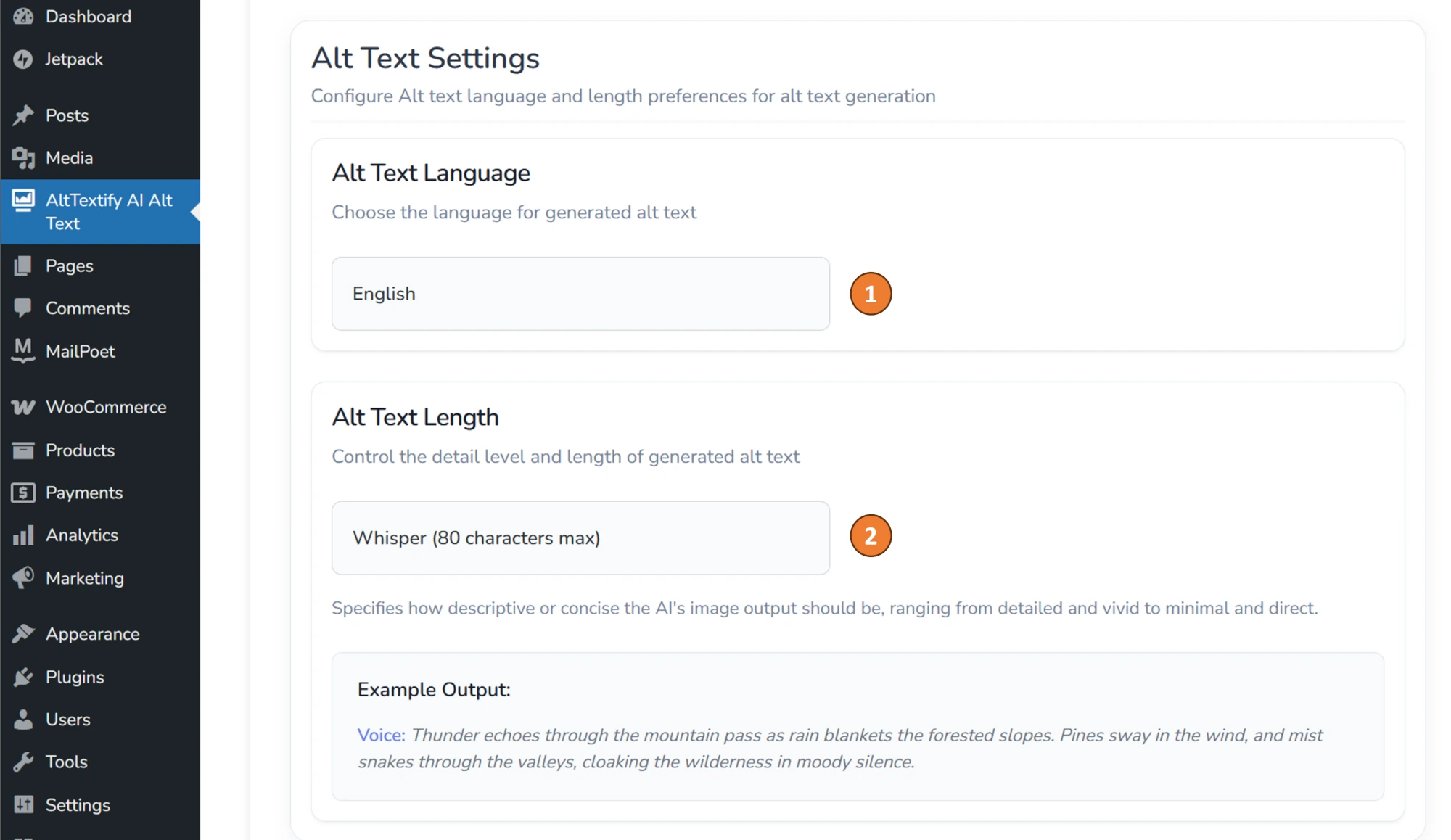 WordPress AltTextify plugin alt text settings configuration page