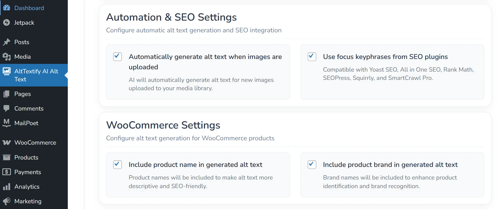 WordPress AltTextify plugin SEO and WooCommerce settings configuration page
