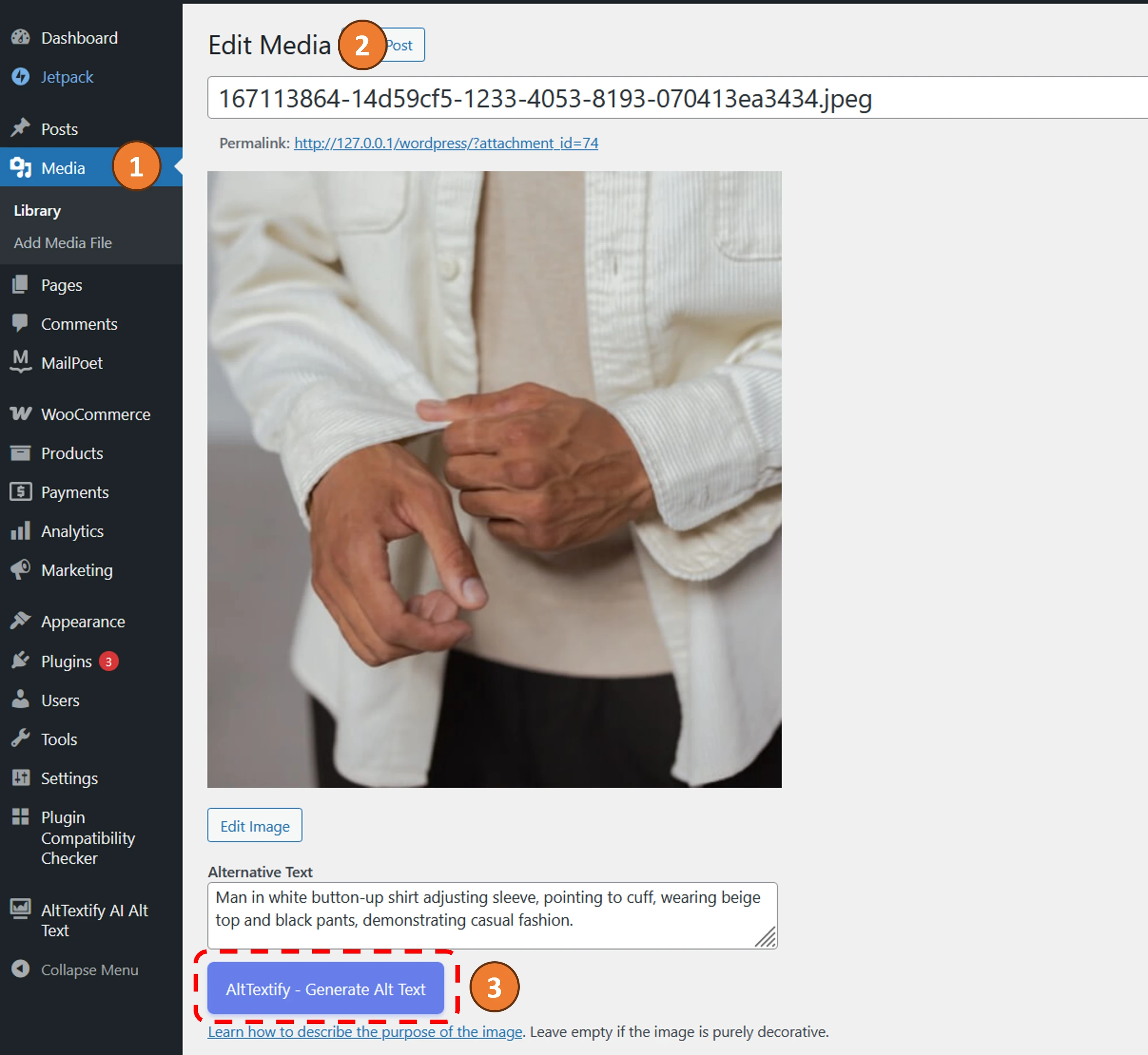 WordPress AltTextify plugin single image alt text generation interface